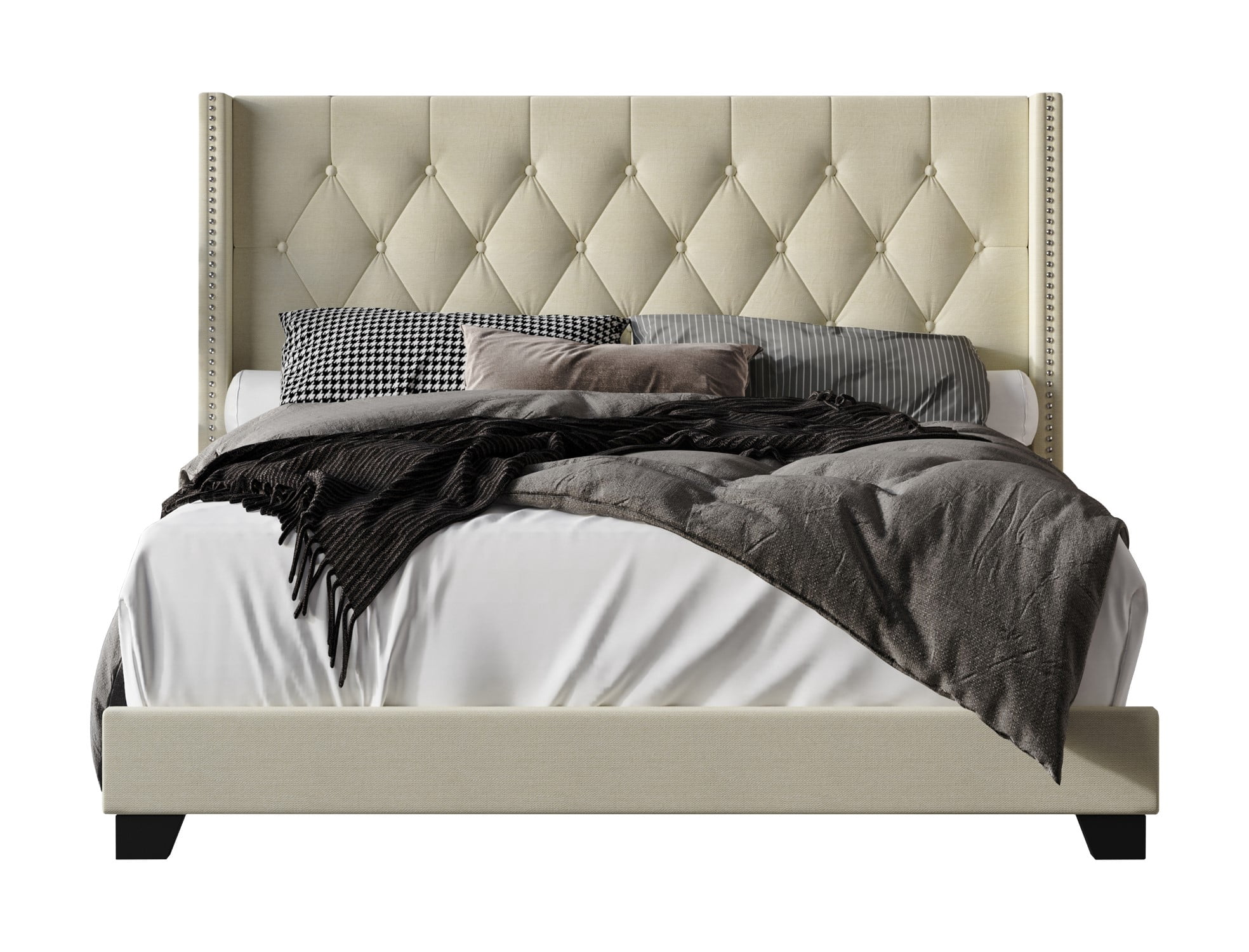 Home Design Brady Twin Tufted Wingback Upholstered Panel Bed Frame, Beige Polyester Blend