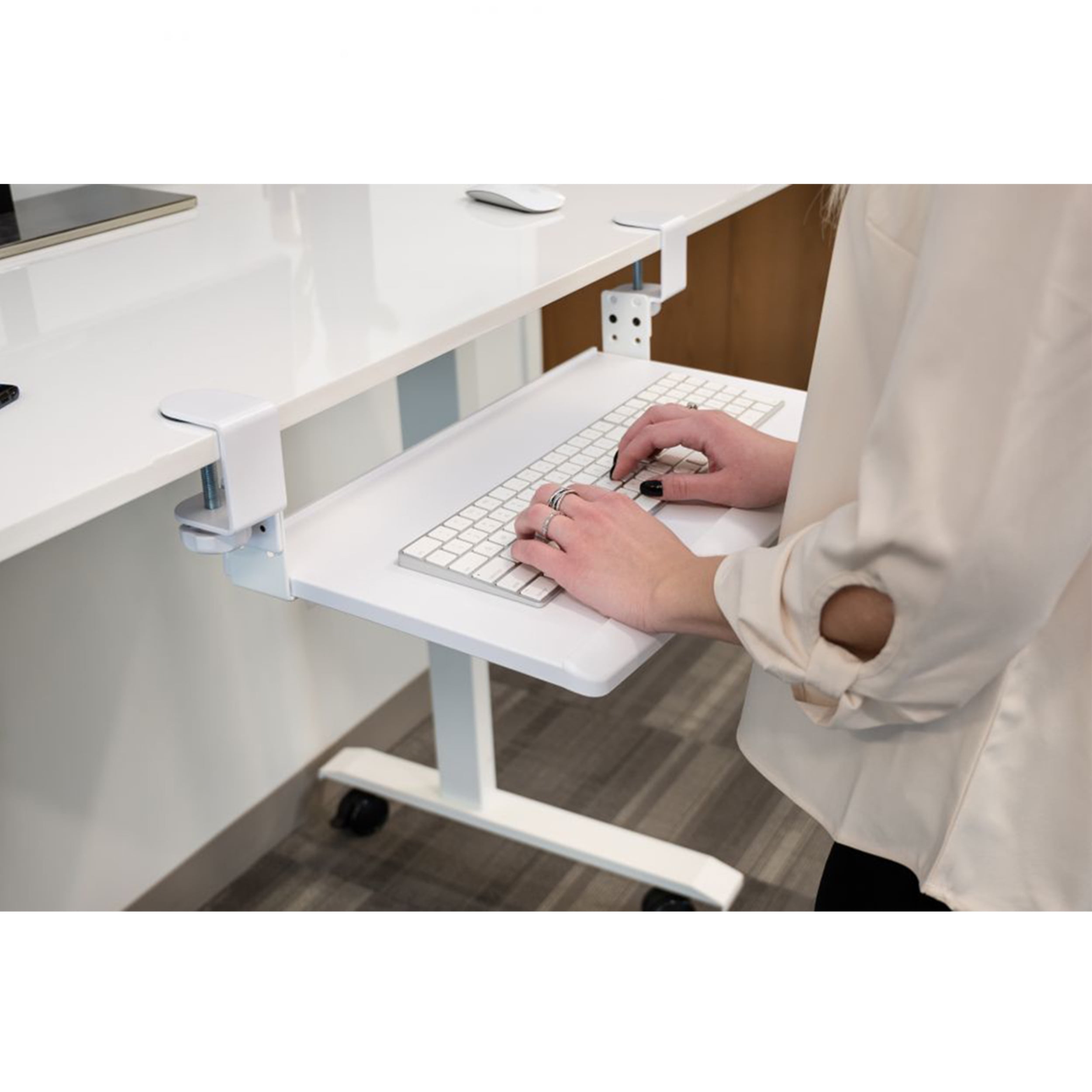 Stand Up Desk Store Large Clamp-On Retractable Adjustable Keyboard Tray | Improve Comfort while Increasing Desk Space - For Desktops Up To 1.5" Thick (33" W x 12.25" D) (White) (Large)