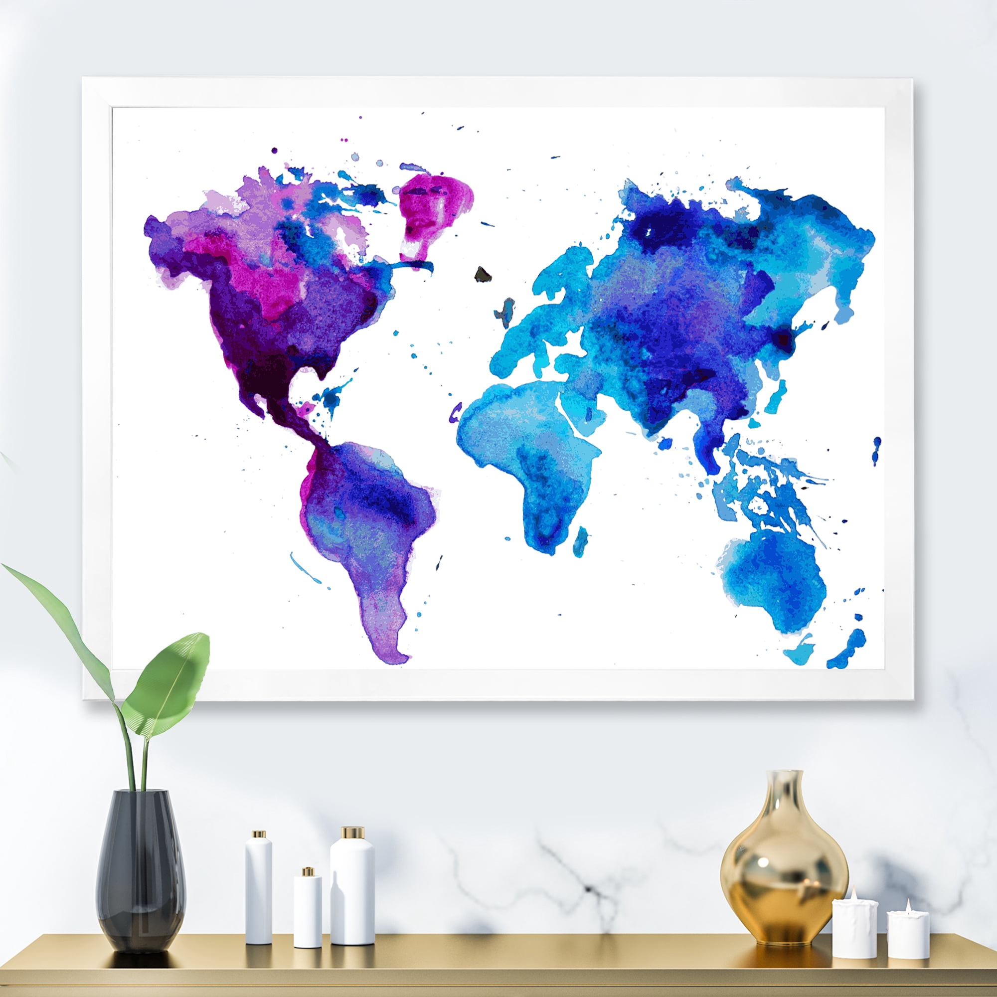 Designart 'Blue and Purple Map Of The World' Modern Framed Art Print