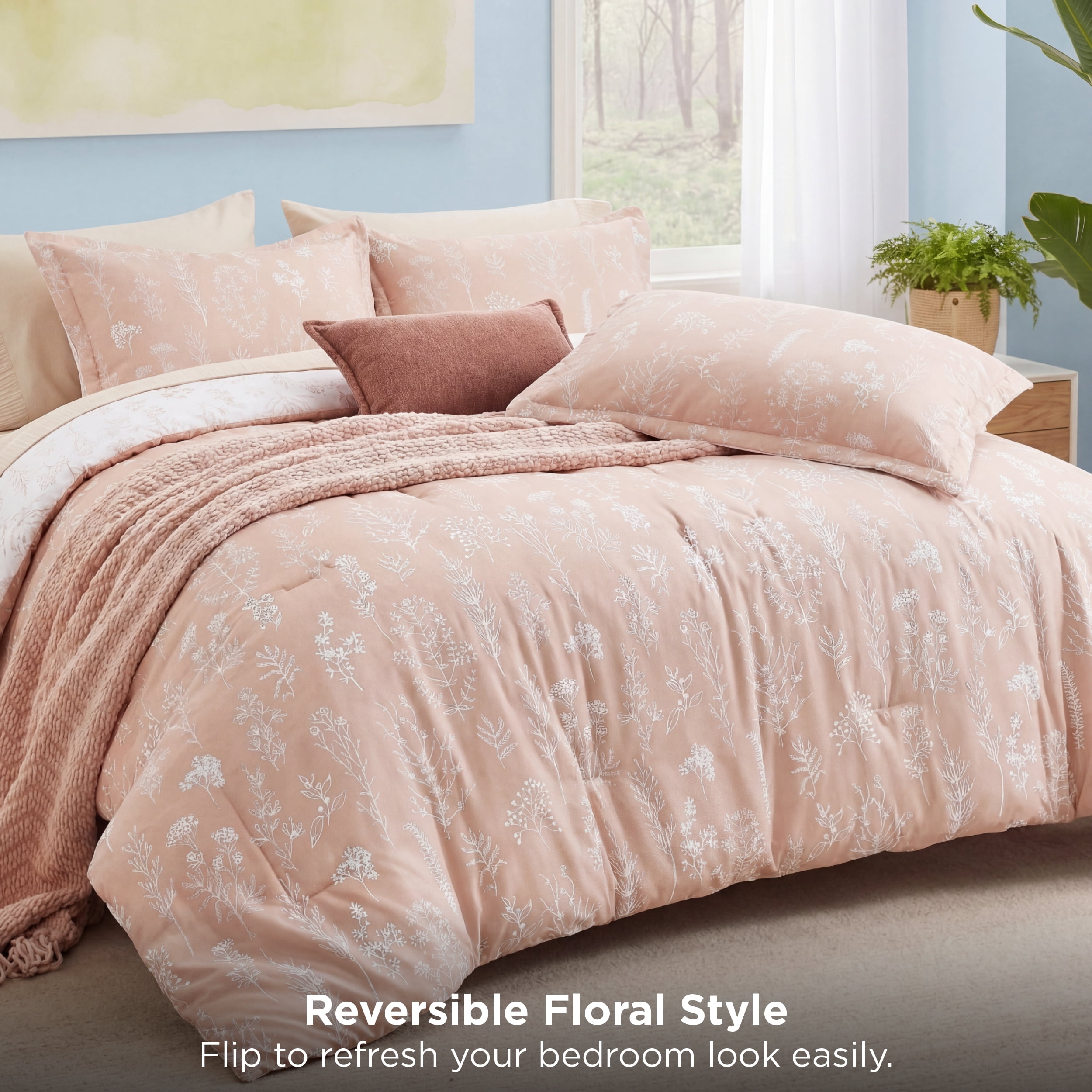 U by Bedsure 3 Pieces Dusty Rose Floral Comforter Sets, 1 Soft Reversible Botanical Flowers Comforter and 2 Pillow Shams, Queen Size