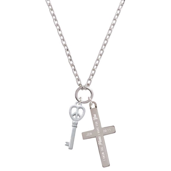 Delight Jewelry Silvertone Open Peace Heart Key I Have Plans for You Engraved Cross Zoey Necklace, 28"
