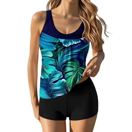 HABDGIKS 2 Piece Swimsuit for Women 2025 Summer Bathing Suits Print Graphic Swim Tank With Boyshorts Ladies Swimwear Split Swimsuit