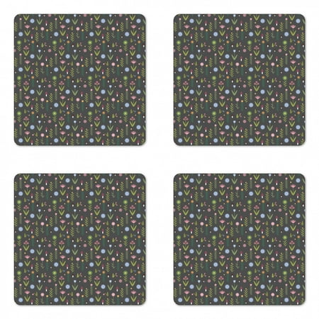 

Floral Coaster Set of 4 Tulips Iris Daisy Rose Petals Forest Mushroom Childish Pattern Square Hardboard Gloss Coasters Standard Size Olive Green Dried Rose by Ambesonne