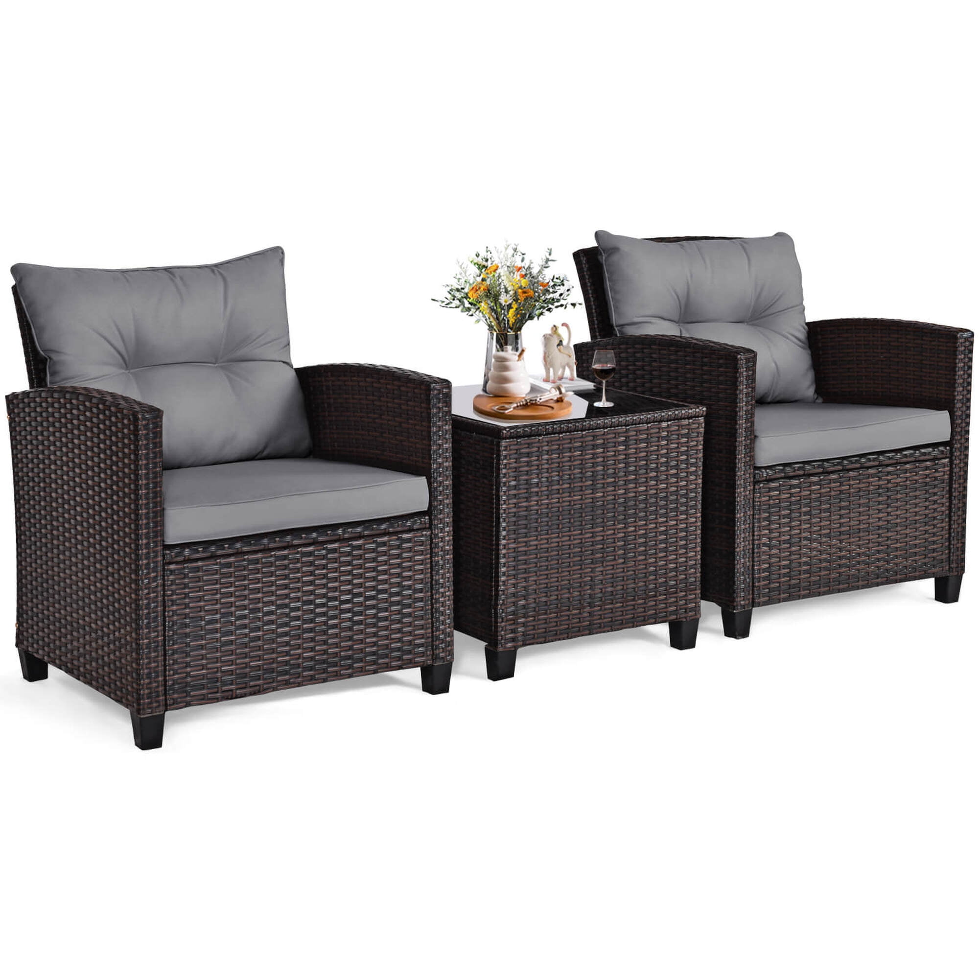 Gymax Set of 3 Rattan Furniture Set Patio Cushioned Conversation Set Sofa Gray