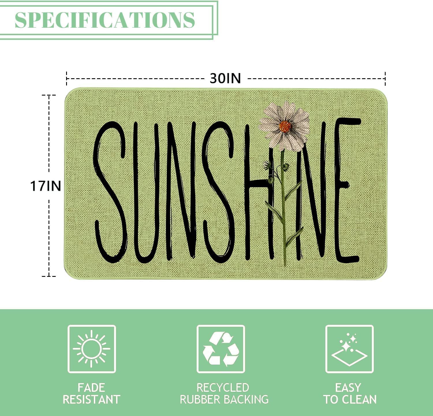 Sunhine Spring Decor Door Mat - Green Farmhouse Welcome Summer Mats Outdoor Colorful Flowers Doormat Non Slip Rubber Floral Decorative Front Door Mats Indoor Rug 17" x 30"