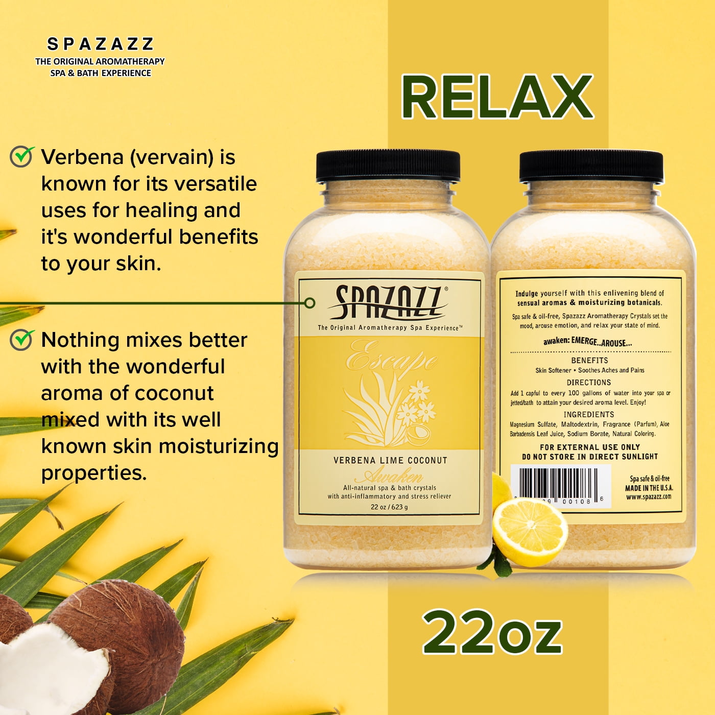 Spazazz Aromatherapy Escape Verbena Lime Coconut Awaken Spa and Bath Crystals 22 oz - Relaxing Soak for Hot Tubs & Bathtubs