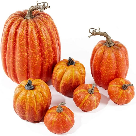 MARTINSHARK Fall Pumpkin Decor, 7 Pcs Orange Fake Pumpkin Fall Decorations, Artificial Pumpkins Autumn Harvest Halloween Thanksgiving Decorations Indoor Outdoor