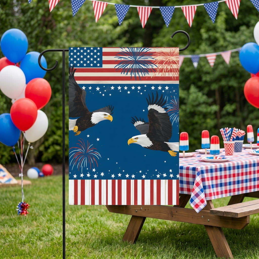US Garden Flag Two Bald Eagles Flying in Front of an American Flag with Fireworks flag banner 28x40 inch classic size Outdoor Garden Decor