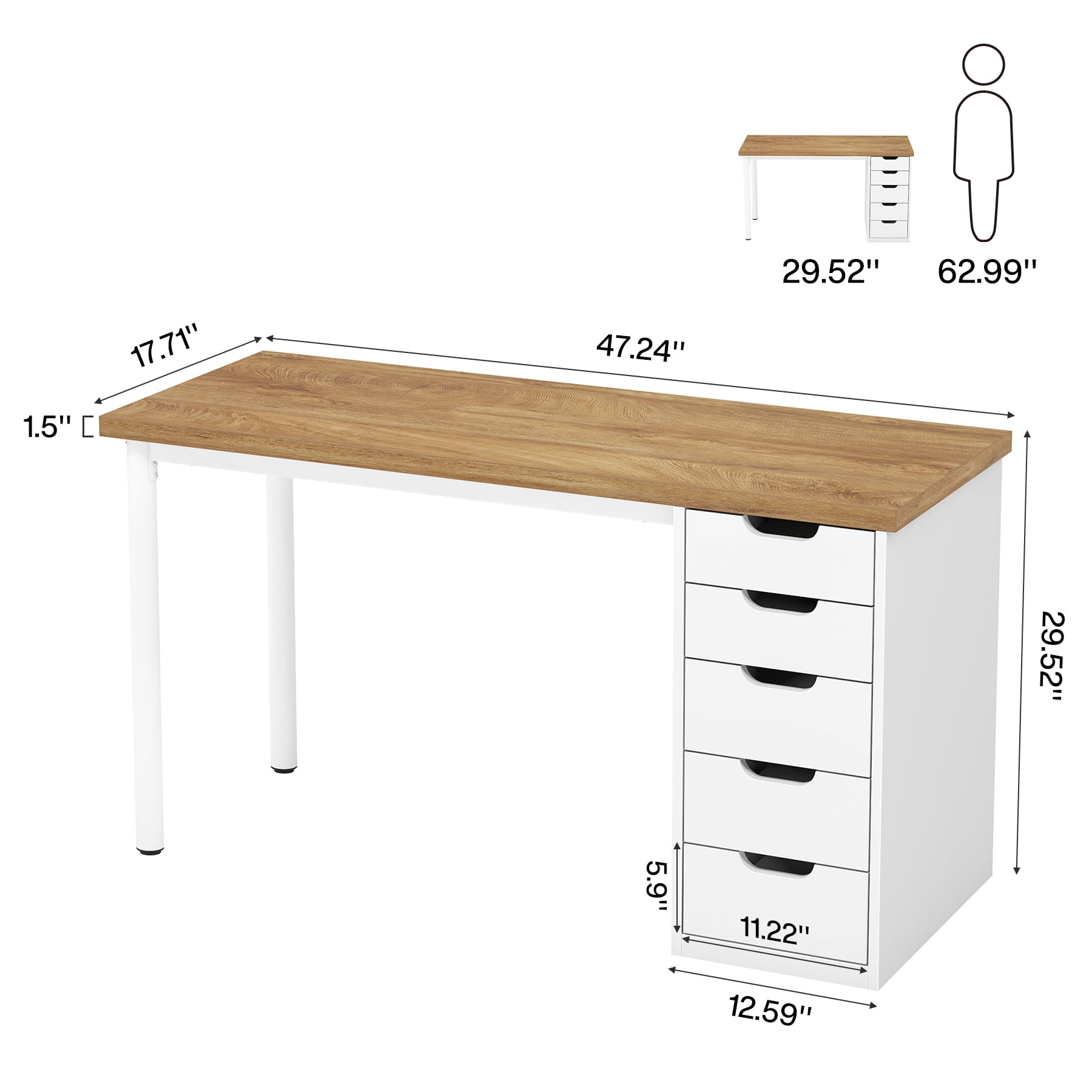 Fnova 47.24" Computer Desk with 5 Drawers, Reversible File Cabinet, Writing Workstation for Home Office Bedroom Study Makeup Vanity Desk Furniture