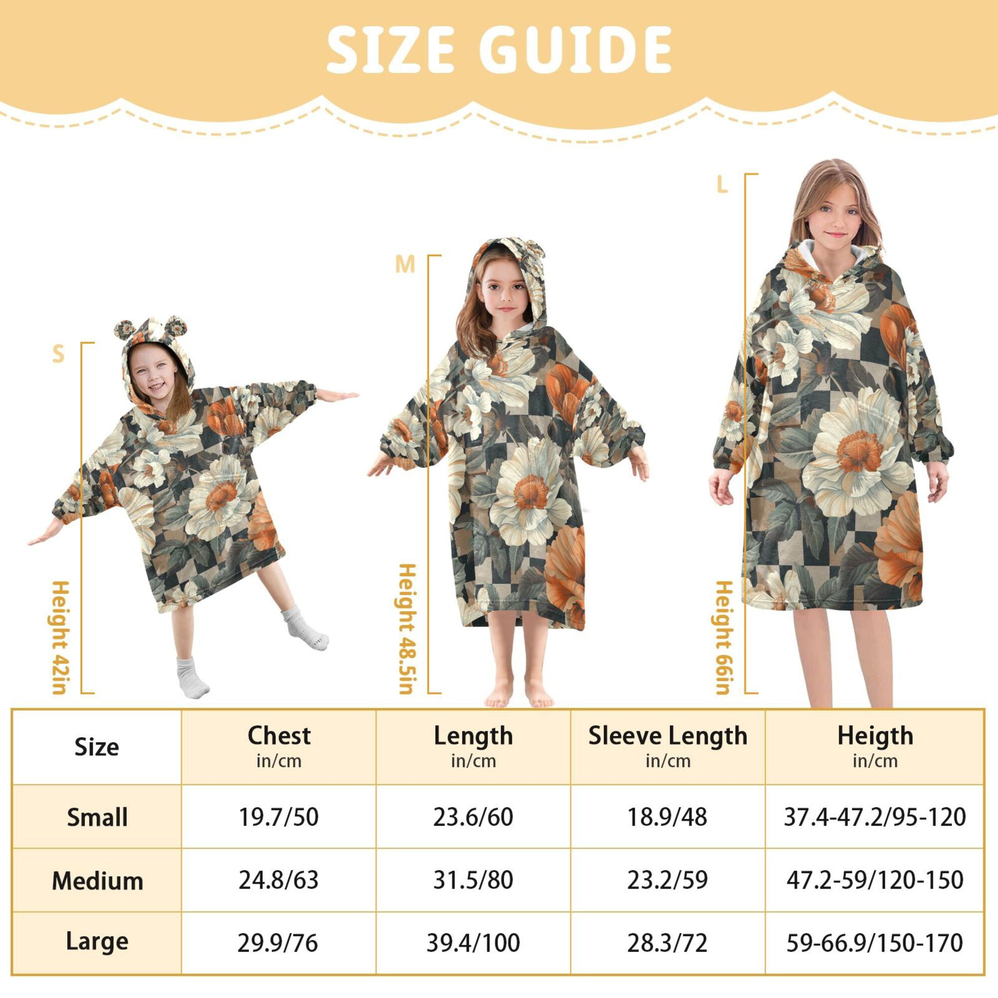 FORMRS Wearable Blanket Hoodie with Sleeves for Kids Cozy Flannel Sweatshirt, Gray Floral Pattern