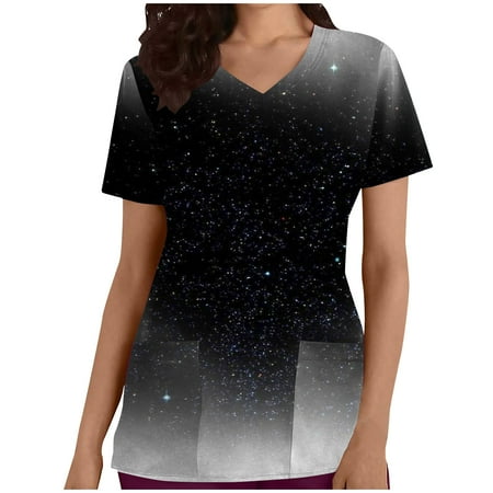 

JGGSPWM Women s Scrub Tops V Neck Short Sleeve Tees Dot Print Blouse Medical Nursing Uniform T-shirts Professional Workwear Gradient Black L