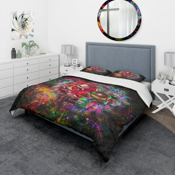 Designart 'Colorful Tiger Head with Half Skull' Modern & Contemporary Duvet Cover Set