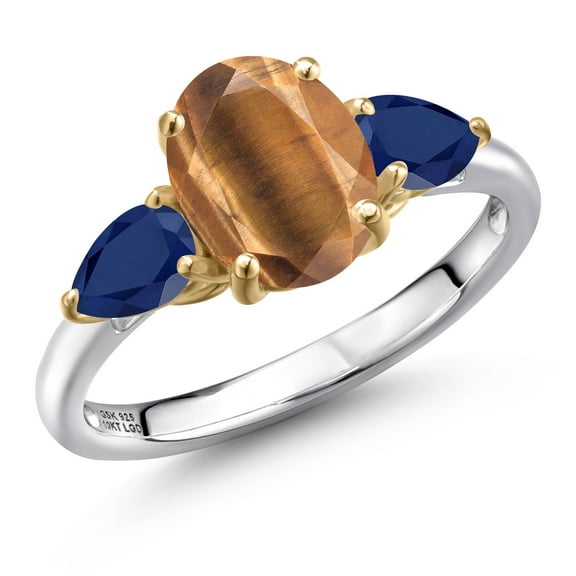 Gem Stone King 925 Silver and 10K Yellow Gold Brown Tiger Eye and Blue Sapphire Engagement Ring for Women | 2.50 Cttw | Oval 9X7MM | Gemstone Birthstone | Size 9