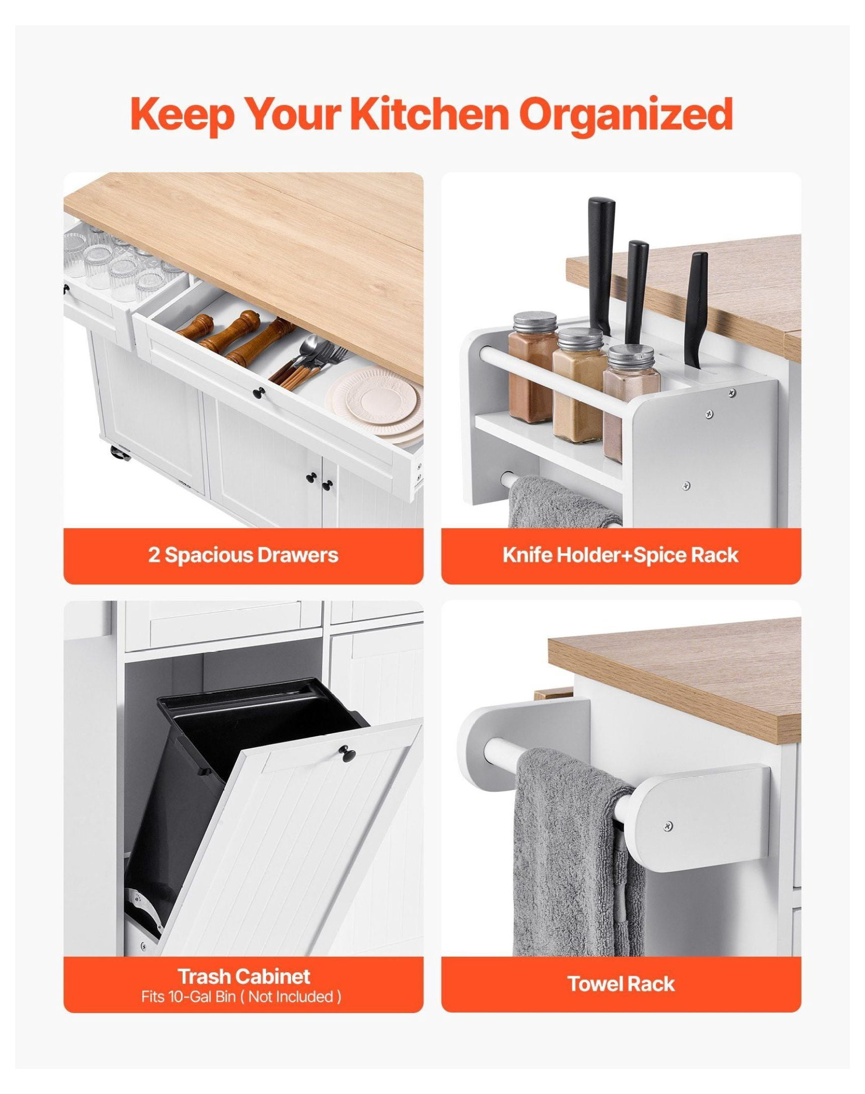 60in Kitchen Island Cart with Drop Leaf, Rolling Storage Cabinet Table with Drawer - Ample Storage & Lockable Wheels - Kitchen, Dining, Coffee Station