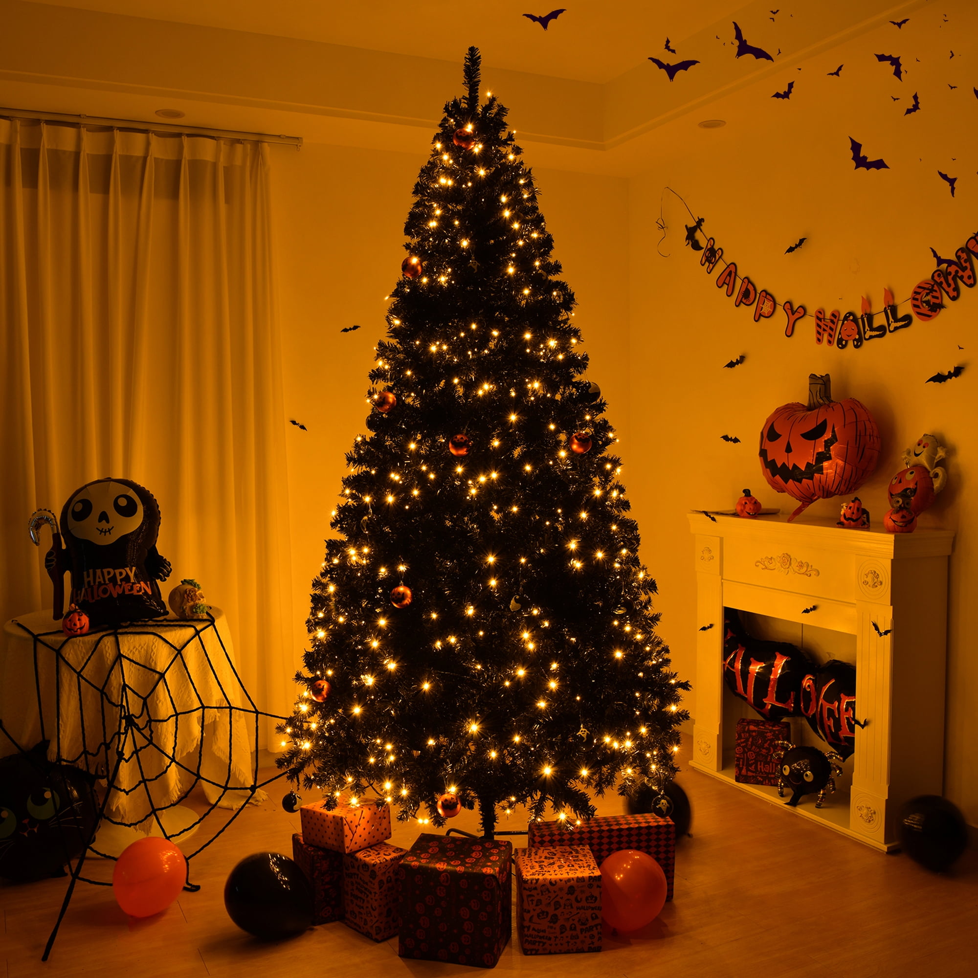 8 FT Pre-lit Artificial Christmas Tree, Hinged Xmas Pine Tree with 1450 Branch Tips, 550 Lights and Remote Control for Holiday Party Office Home, Black
