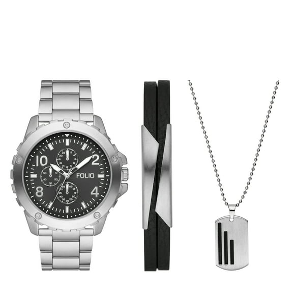 Folio Men's Three-Hand, Silver-Tone Alloy Watch, Bracelet and Necklace Gift Set