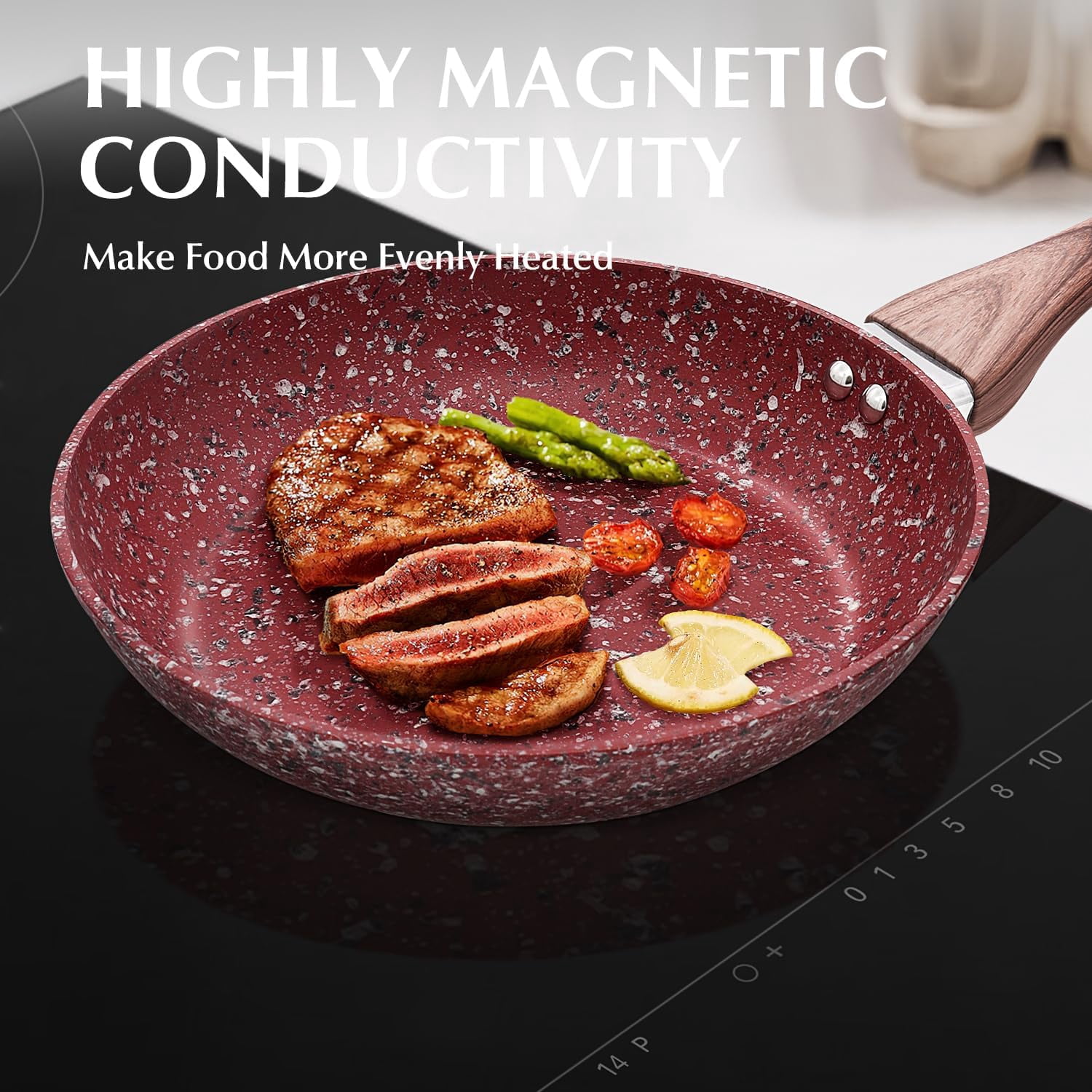 Koch Systeme CS 8-Inch Nonstick Frying Pan, Nonstick Granite Coating, Induction Compatible, Dishwasher Safe Skillet, Red