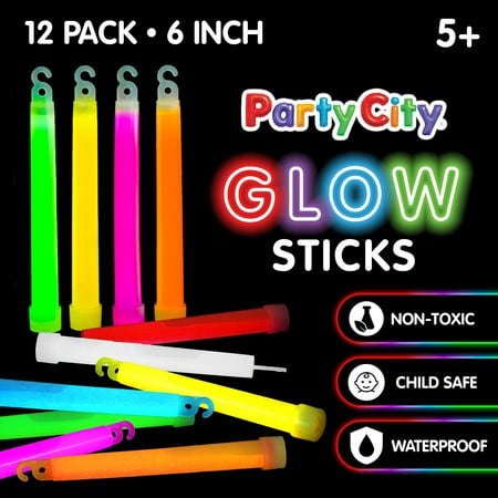 Party City 6 inch Multi Color and White Glow Sticks, Party Supplies Fiber Outdoor Light Sticks for Kids and Adults, 12 Pack