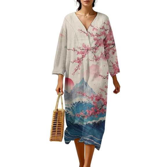 DISNIMO Floral Print Maxi Dresses for Women Casual Loose Dress V Neck Shift Dress Lightweight 3/4 Sleeve Dresses, S