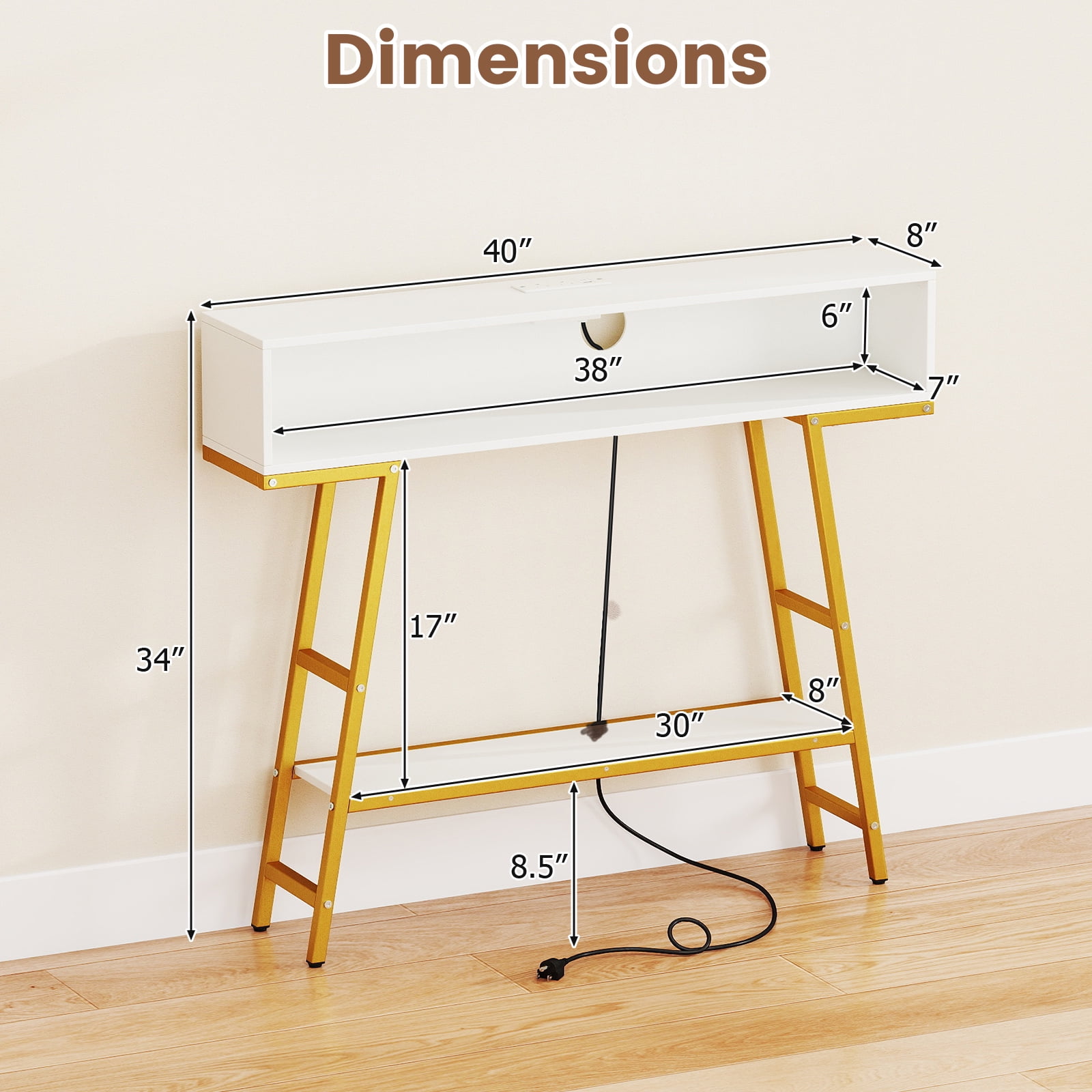 Gymax 40'' Console Table w/ Power Strip 3-Tier Entryway Table w/ RGB LED Lights White