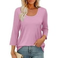 thumbnail image 5 of ShomPort Shirts for Women Comfy Collarless 3/4 Sleeve Solid Color Scoop Neck Tops Vintage Office Wear Tee Shirts, 5 of 8