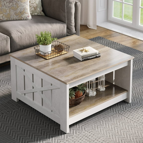 DEXTRUS Square Coffee Table, Farmhouse Center Table with Storage Compartment, Gray & White