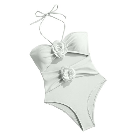 ZQUUVOU Women's Cutout Halter Monokini One Piece Bikini Swimsuit Solid Color Cutout Drawstring Rose Suspender Swimsuit White
