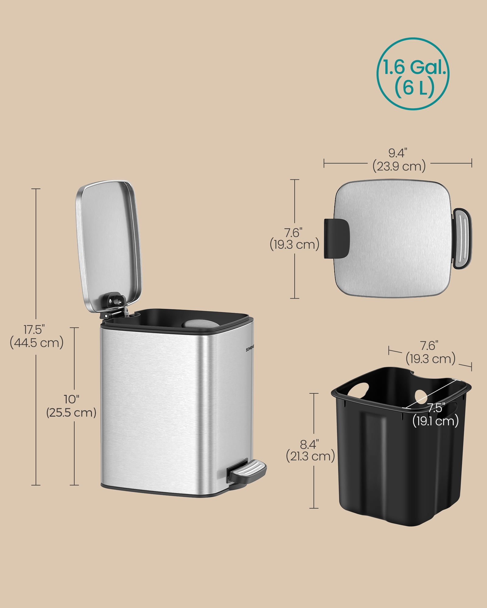 SONGMICS Dog Poop Trash Can, 1.6-Gallon (6 L) Outdoor Garbage Can with Lid, Soft Close, Stainless Steel with Inner Bucket, Metallic Silver