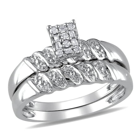 Miabella Women's 1/10 Carat T.W. Parallel Baguette-Cut and Round-Cut Diamond Sterling Silver Cluster Bridal Ring Set