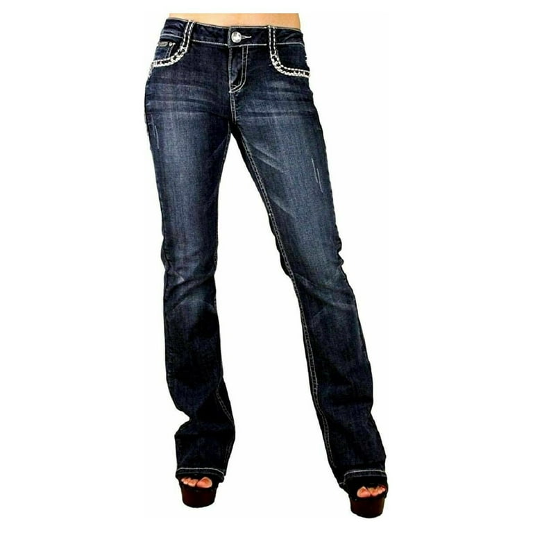 Jack David Women's Rhinestone Mid Rise Bootcut Stretchy Denim Jeans Pants  (Jack David Bootcut Blue 3440-PB)