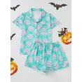 thumbnail image 3 of ATAIKU Halloween Silk Satin Pajama Set for Women 2 Piece Lounge Pjs Shorts Matching Ghost Pumpkin Sleepwear Button Down Shirt Shorts, 3 of 6