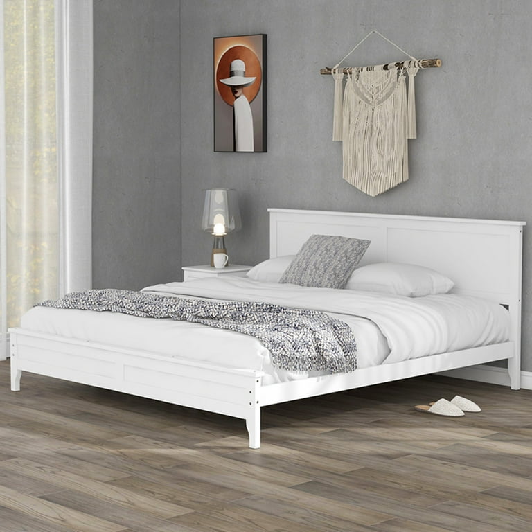 King Size Solid Wood Platform Bed with Headboard, Retro Style Bed