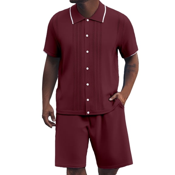 JIKNTTR Men's 2 Piece Outfit Solid Color Knitted Ice Silk Lapel Button Shirt Shorts Men Casual Loose Comfortable Trendy Sportswear Set Leisure Walking Suit