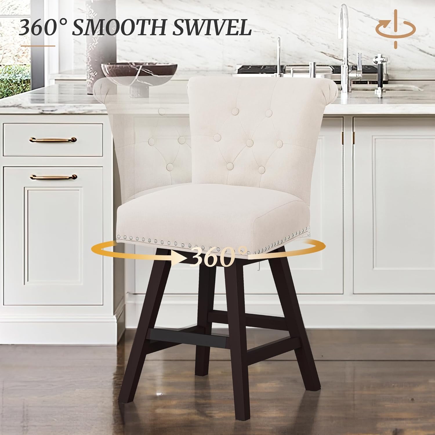 Dycanpo 26'' Swivel Bar Stools Set of 4, Upholstered Barstool with Footrest for Kitchen,Beige-Fabric