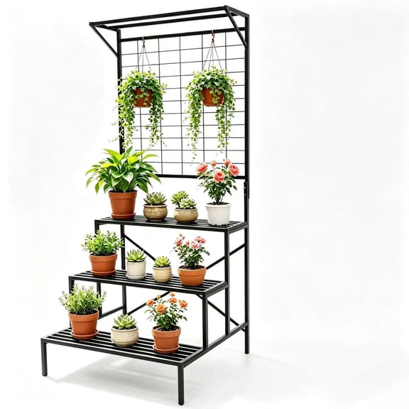 Zhongma 3 Tier Heavy Duty Plant Stand with Hanging Plant pot shelf,Trellis,multi layer plant Holder for Home, Garden, Plant Lovers,Metal Storage Rack Shelf/Freestanding Display Stand