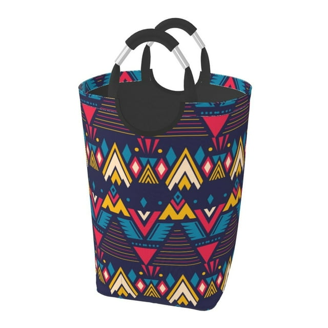 DouZhe 50L Rectangular Laundry Basket, Exotic Style Tribal Geometry Prints Waterproof Foldable Laundry Hamper with Aluminum Handles