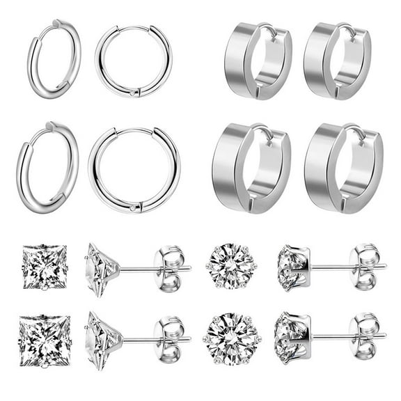 Alexcraft 4 Pairs Stud Earrings Sets for Multiple Piercing, Small Silver Huggie Hoop Earrings Cubic Zirconia Stud Earrings for Women Trendy Cartilage Hypoallergenic