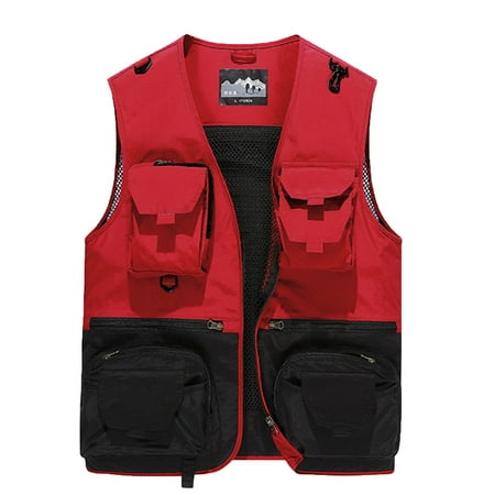 SSAAVKUY Men s Multi-Pocket Fishing Vest Lightweight Breathable Outdoor Camping Hiking Work Vest with Zipper Pockets Red 4