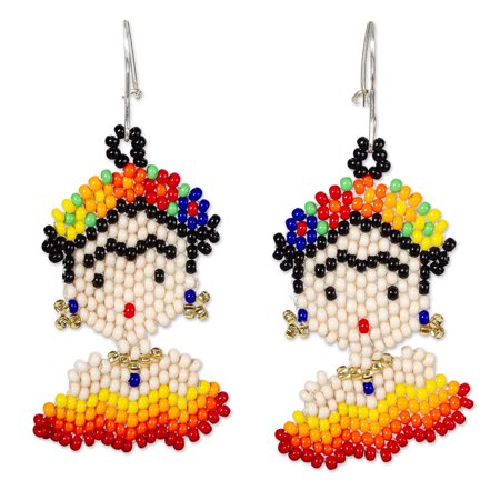 NOVICA Beaded dangle earrings, 'Frida in Red and Yellow'