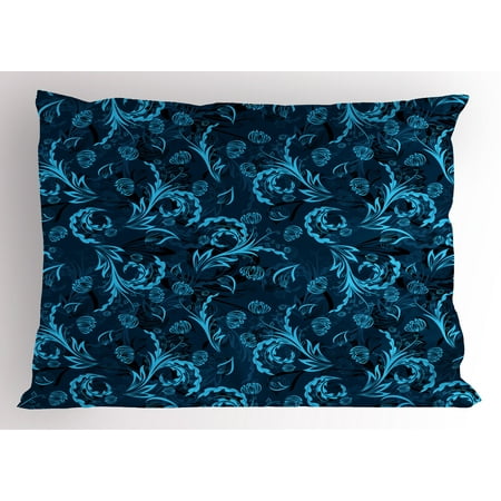 Blue Pillow Sham Abstract Damask Inspired Curvy Flower Figures Ornate Flourish Royal Revival Retro, Decorative Standard Size Printed Pillowcase, 26 X 20 Inches, Indigo Aqua, by