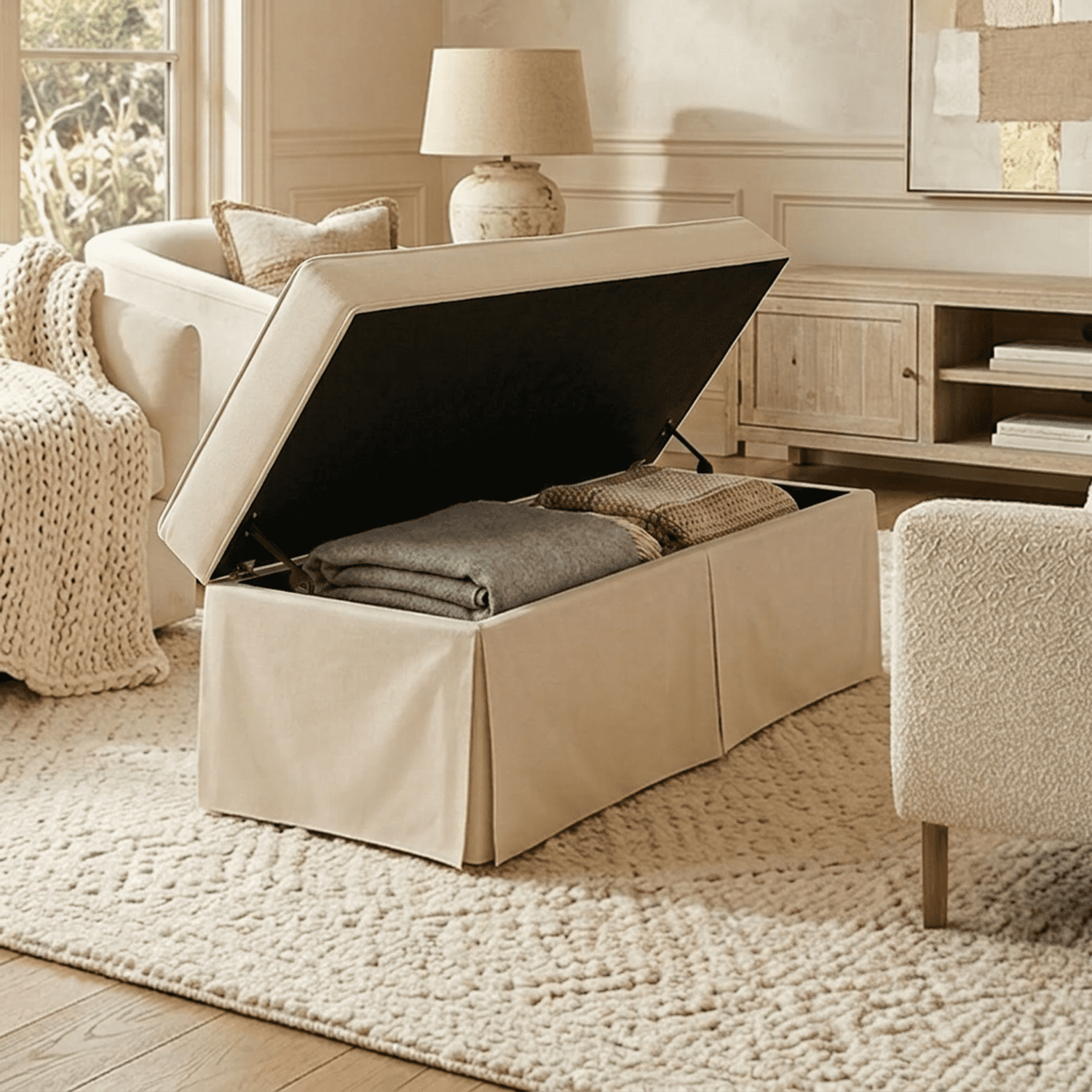 My Texas House Clementine Upholstered Skirted Bench, Taupe