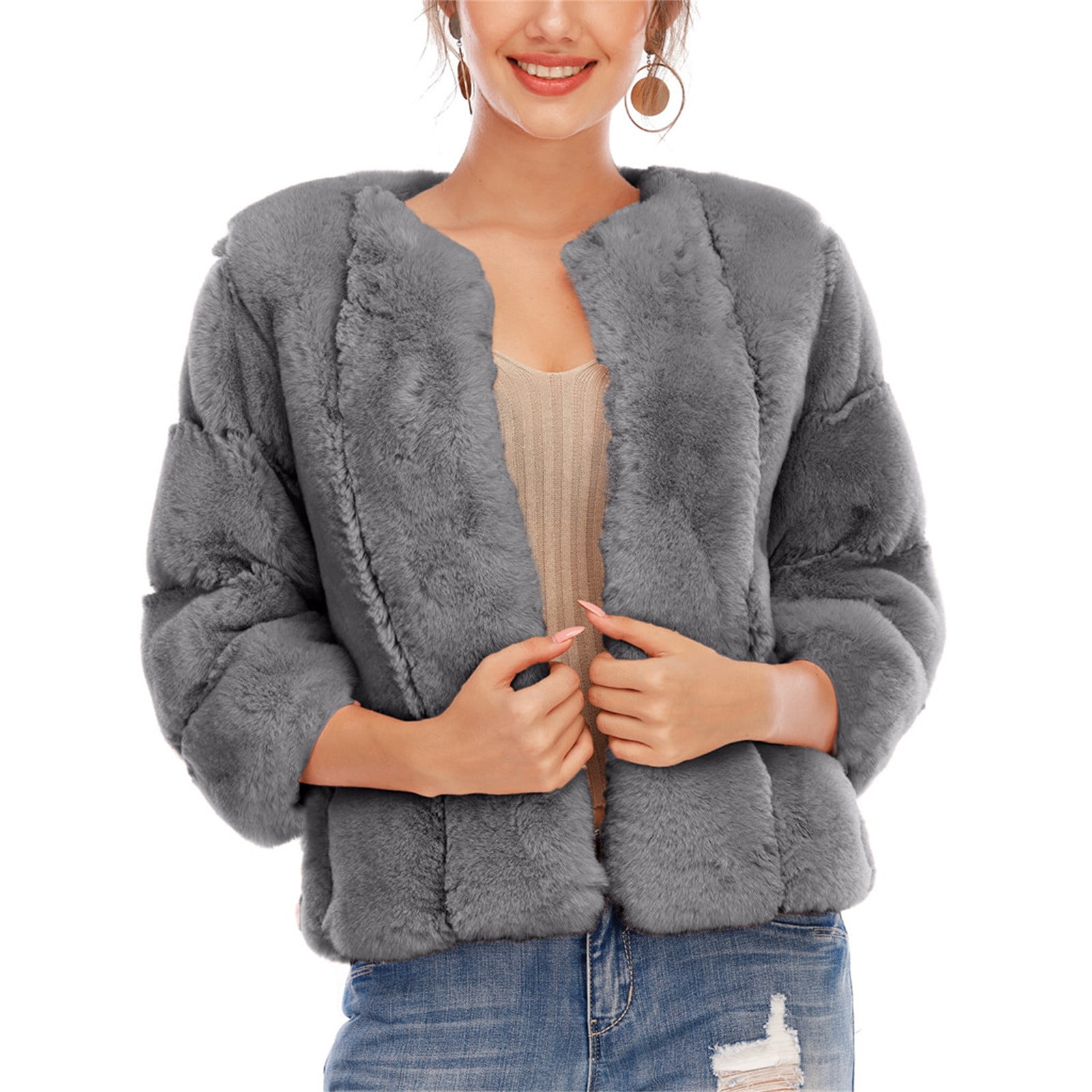 Cardigo Plus Size Womens Short Faux Coat Warm Furry Jacket Long Sleeve Outerwear 