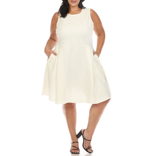 White Mark Plus Size Tweed Fit and Flare Dress - White - 2X