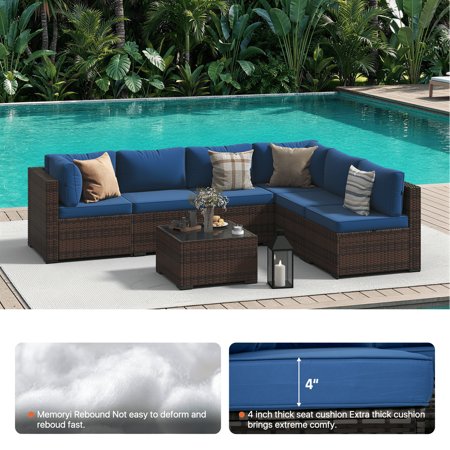 Dateyes 7-Piece Outdoor Patio Sectional Sofa Set, All-Weather Wicker Rattan Furniture with Coffee Table & Waterproof Cover (Blue)