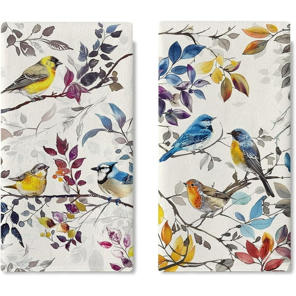 Watercolor Birds Kitchen Dish Towels Set of 2, Blue Jay Goldfinch Robin Leaves Drying Hand Towel Baking Cooking Cloth, Spring Summer Branches Bathroom Home Decoration 18 x 26 Inches