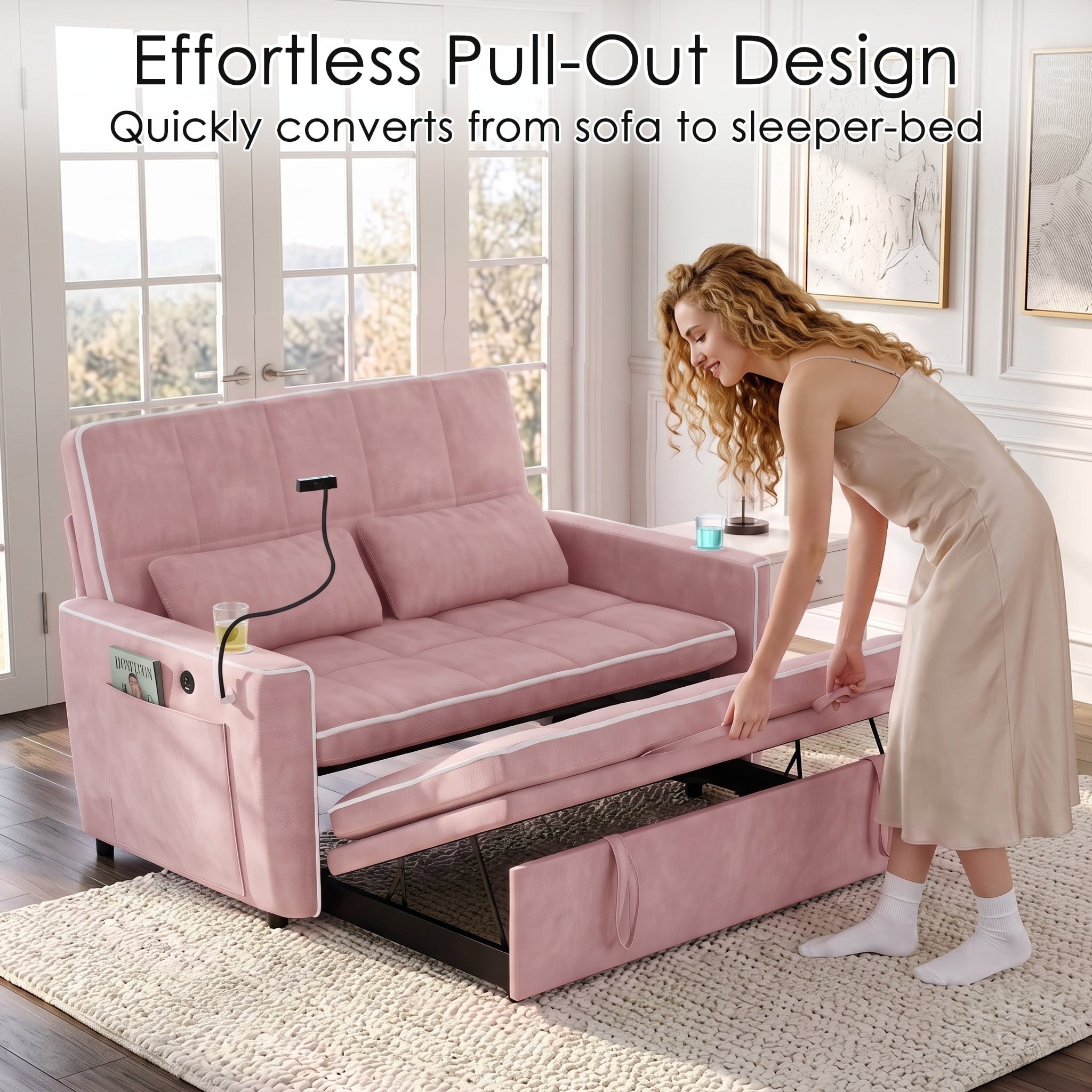 AISWORD 54" Convertible Sleeper Sofa Bed, Pull Out Loveseat Couch with USB Port, Phone Holder & Cup Holder, Adjustable Backrest for Apartment, Living Room, Office, Pink