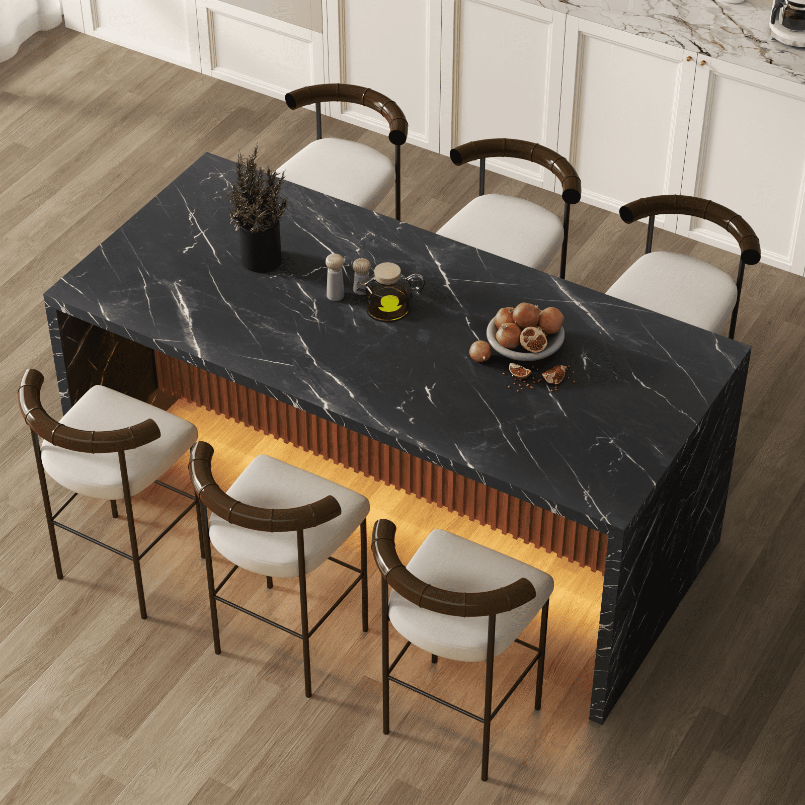 71" Modern Black Marble Dining Table with LED Lights, Rectangular Faux Marble Kitchen Table for 4-6 People, Large Island Table with Striped Grille Base for Dining Room, Home, or Living Room