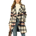 thumbnail image 2 of INSPIRE CHIC Women's Shawl Collar Asymmetrical Hem Belted Plaid Coat XS Brown Blue, 2 of 8