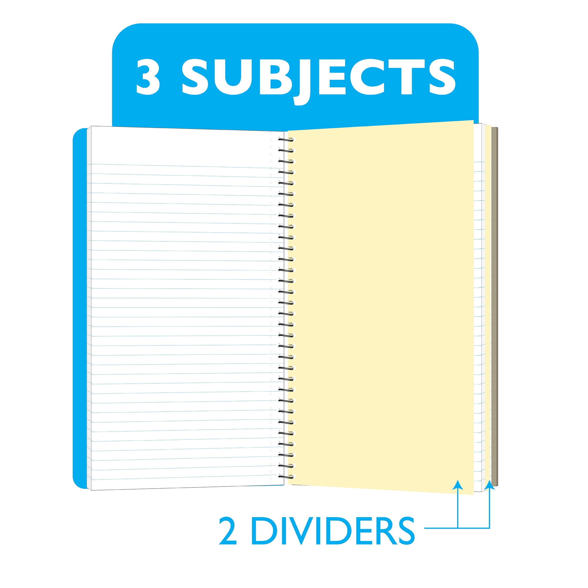 BAZIC Wide Ruled 3 Subject Spiral Notebooks 120 Sheets 9.5"x5.75", 6-Pack