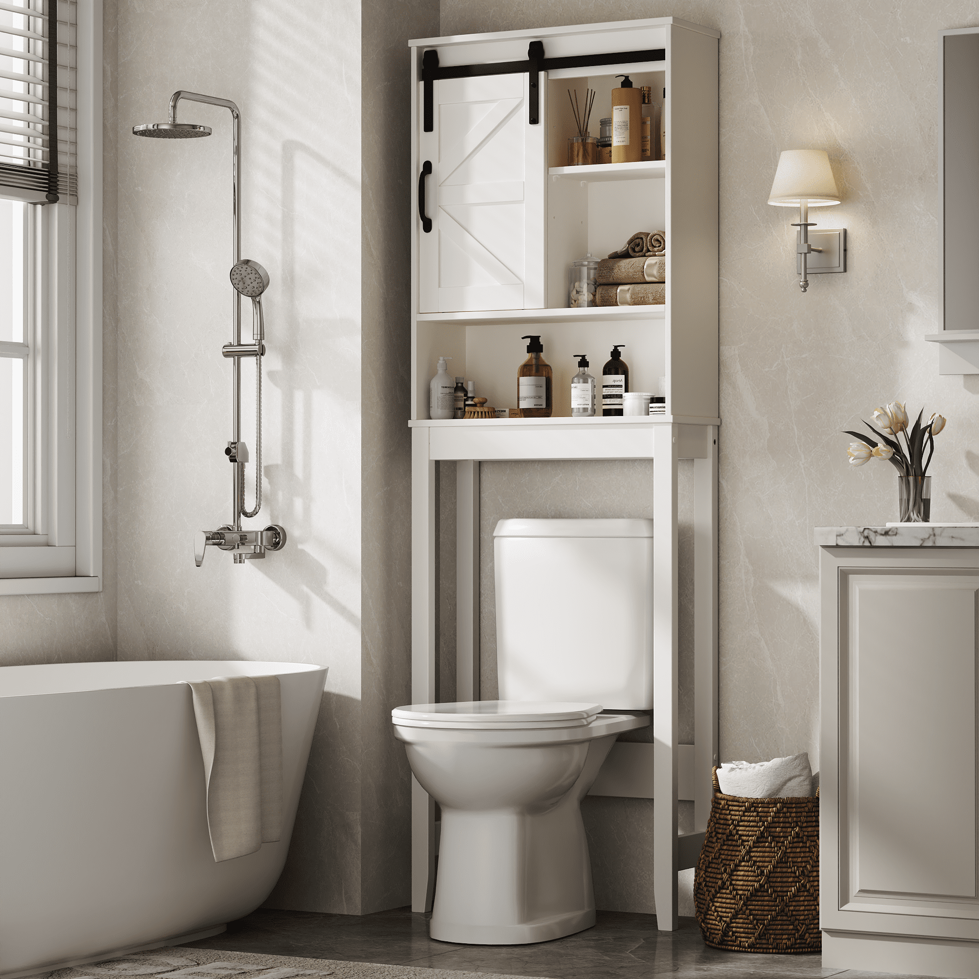 Over the Toilet Storage Cabinet, Rustic Storage Cabinet Over Toilet with Sliding Barn Door & Adjustable Shelves, Farmhouse Space Saver Organizer for Bathroom,Living Room, White